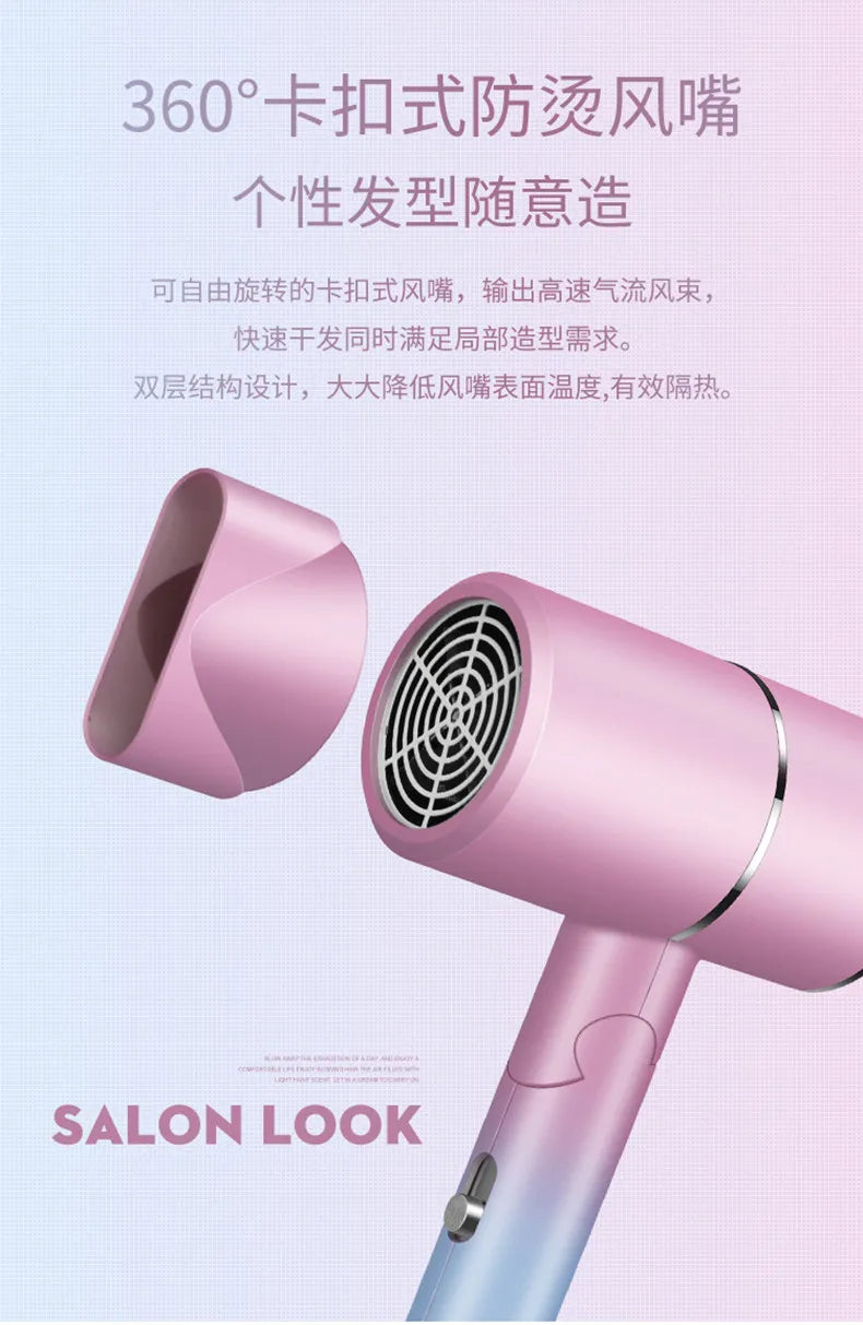 Pink mini hair dryer with 360° rotating anti-scald concentrator nozzle for quick drying and salon-quality styling.