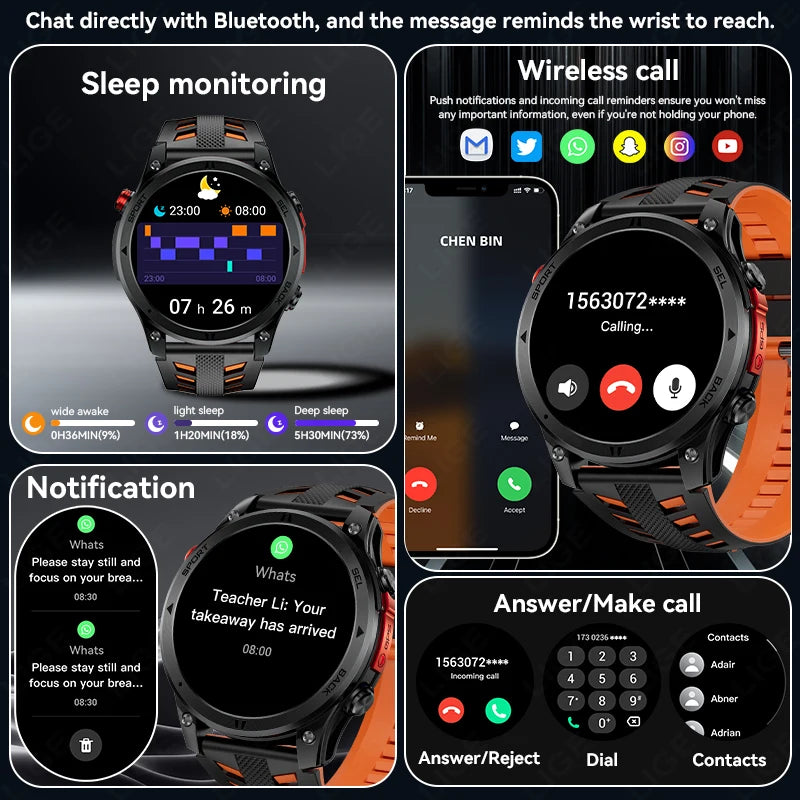 LIGE 2026 New GPS Path Smart Watch 530mAh Battery IP68 Waterproof Sports Run Tracker BT Call Outdoor Compass Military Smartwatch