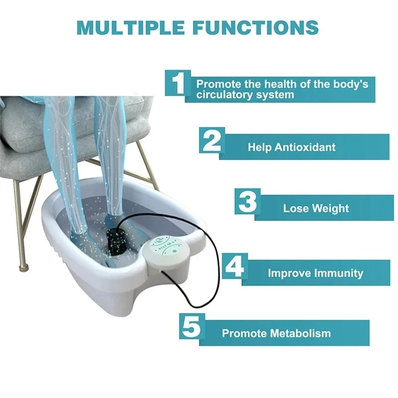 Ionic foot detox spa machine with basin, controller, and array for home health therapy and circulation support.