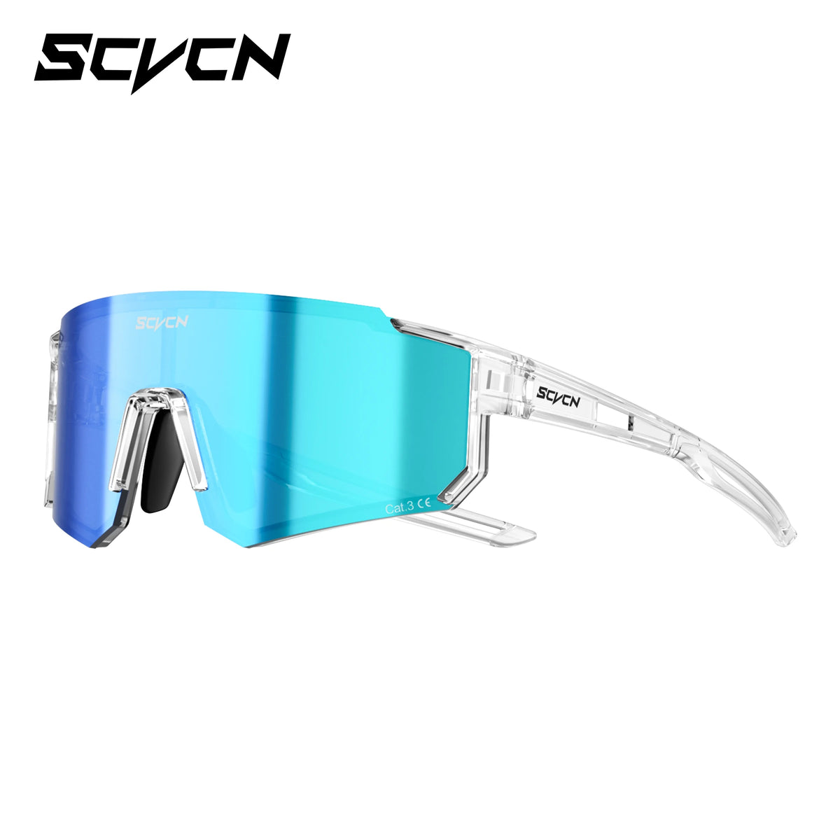 Cycling sunglasses, blue mirrored lens with clear frame and side shield