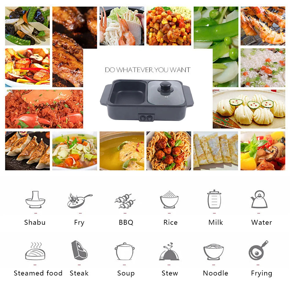 Black 2-in-1 electric hot pot and grill with glass lid and dual nonstick cooking wells