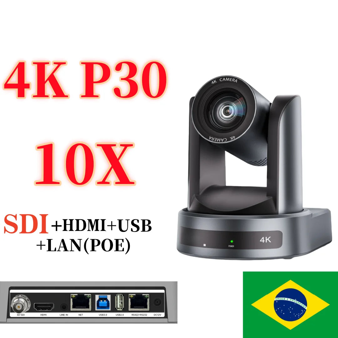 PTZ video conference camera with 10X zoom on base, shown with rear port panel