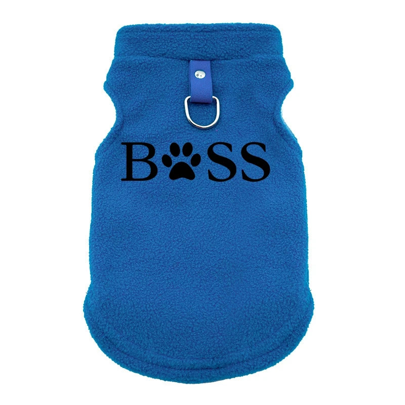 Blue fleece dog sweater vest with 'BOSS' print and leash ring for warm, stylish autumn and winter wear for small dogs.