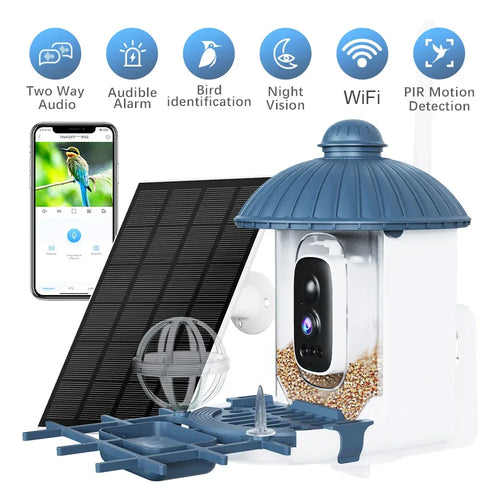 Blue and white solar bird feeder security camera with dome lens and feeder tray