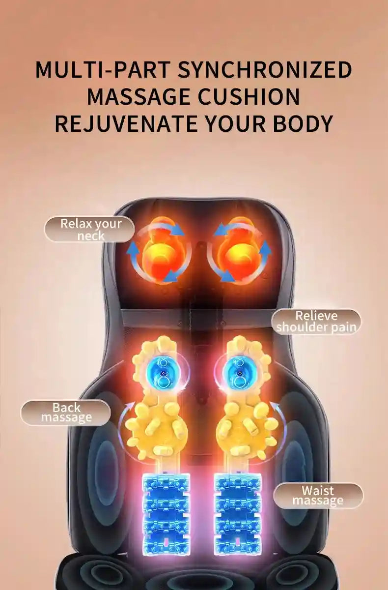Black massage chair pad showing internal neck, back, and waist massage nodes with glowing orange and blue heat zones.