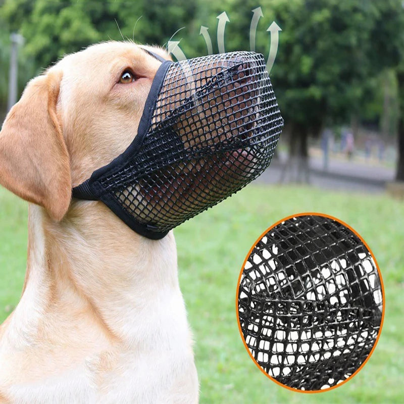 Adjustable black breathable mesh dog muzzle for anti-biting and licking, perfect for safe outdoor pet training.