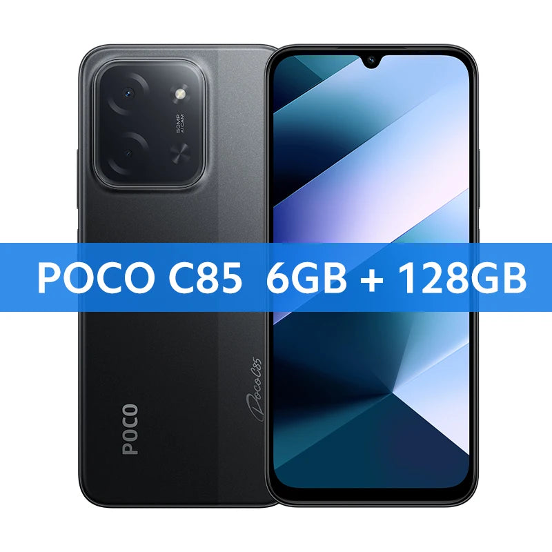 Black POCO C85 smartphone, front and back view, 6.9-inch display, 50MP AI camera, 6GB RAM, 128GB storage, Global version.