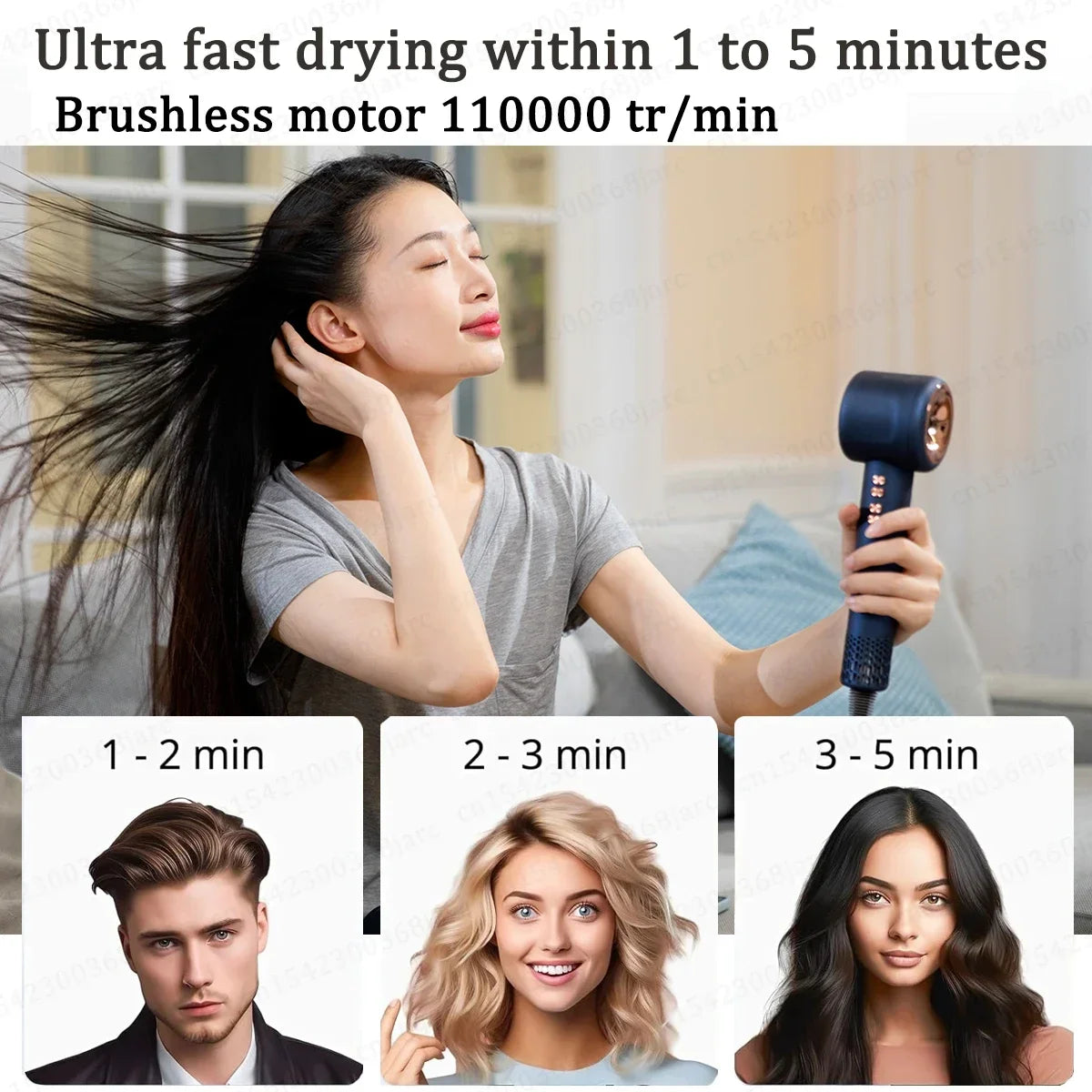 Blue 1600W leafless negative ion hair dryer with fast-drying brushless motor for professional salon-quality styling.