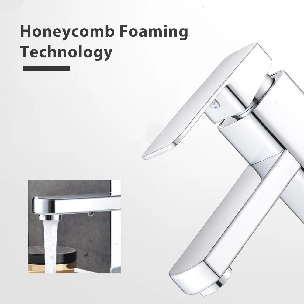 Single-Lever Washbasin Mixer in Brass for Cold and Hot Water, Deck-Mounted Single-Hole, 3-Layer Chrome Plating, 60cm Stainless Steel Hose, Honeycomb Aerator, Rust-Proof, Oxidation-Resistant, for Bathroom Sinks, Durable and Co