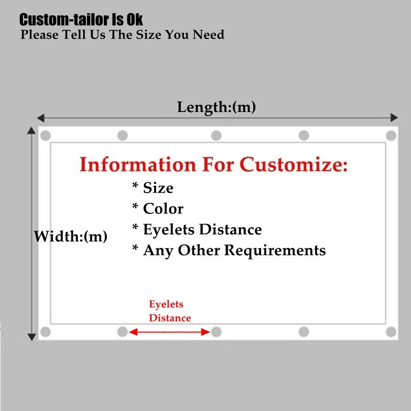 Size customization diagram for sunshade net with width, length, and grommet distance