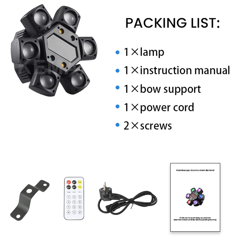 80W Disco Party Light 6-arm Mini Beam Moving Head Strobel Effect Lights Remote DMX512 Control DJ Mobile Stage For Club Wedding