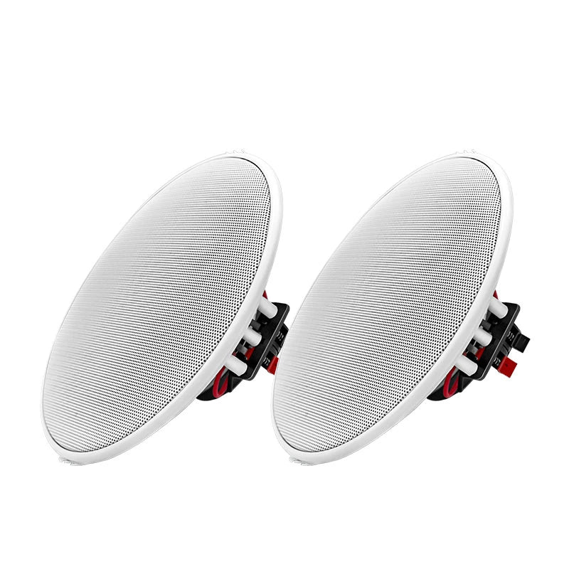 Pair of white in-ceiling speakers with metal grilles and rear connector terminals