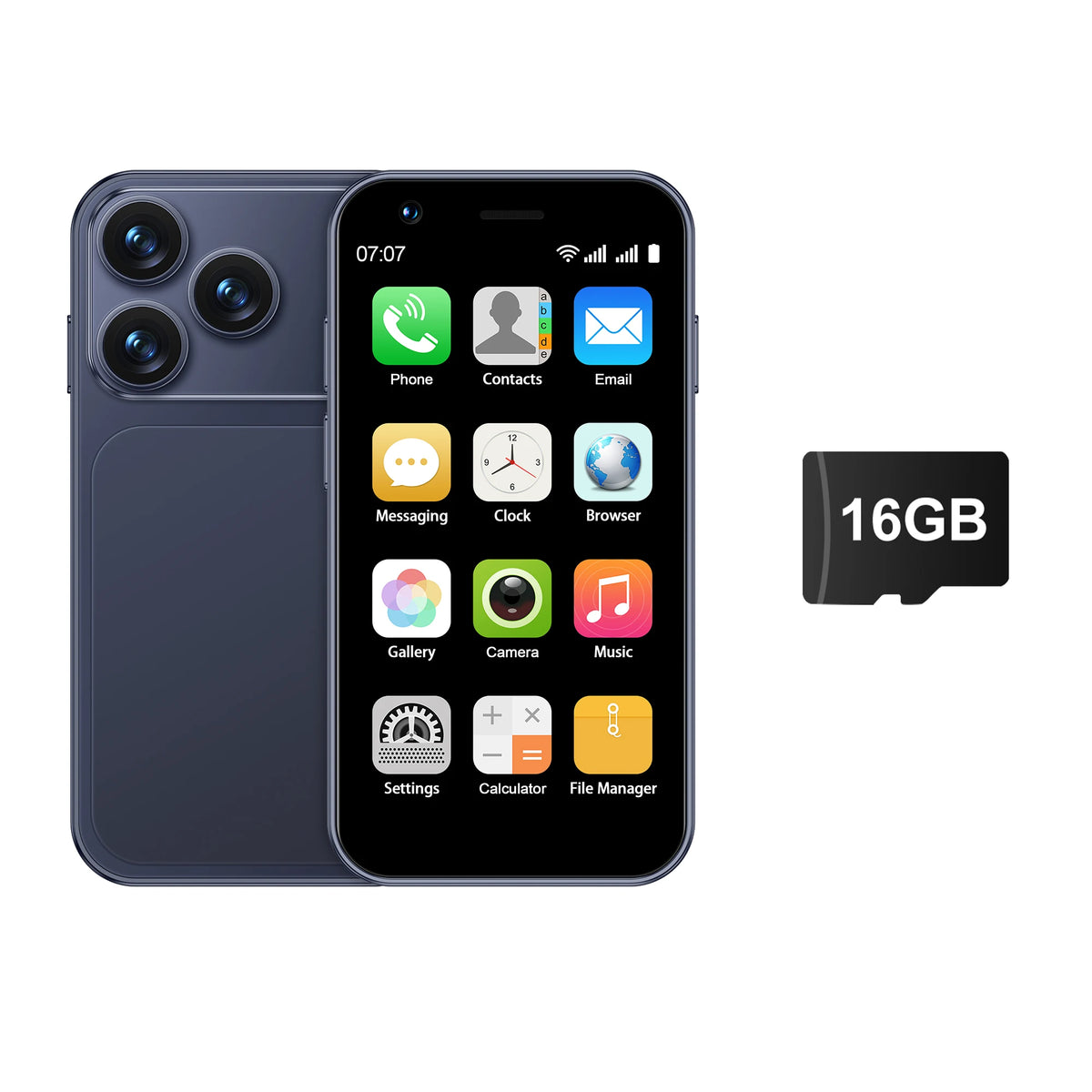 Blue smartphone with dual rear cameras, front display and 16GB storage card