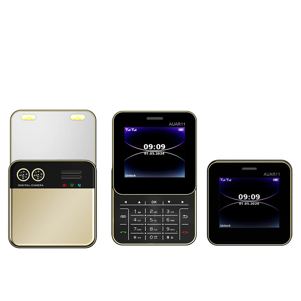Three mini sliding smartphones: white/gold, black, and purple, rotating screen and keypad