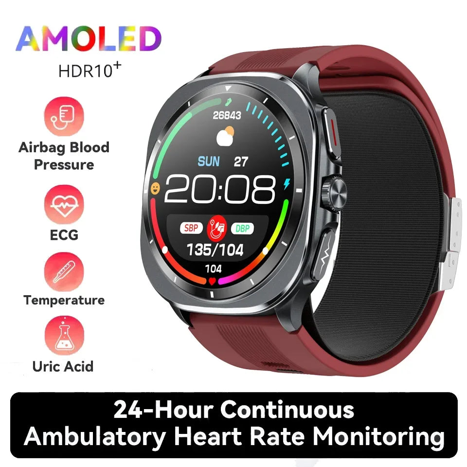 Smartwatch with round display and burgundy airbag-style strap, health metrics shown