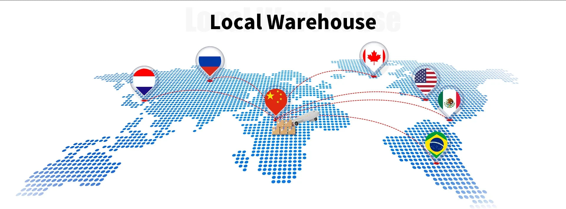 World map with dotted continents, cargo plane, and flag pins showing international shipping from China to various