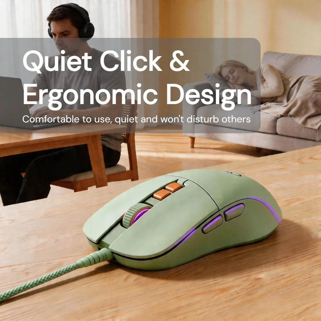 Silent Wired Mouse Aesthetic 2400 DPI Ergonomic USB Optical Computer Mouse for Women Girls Students Office Home Work Laptop PC MacBook Desktop Quiet Click Plug Play Cute Kawaii Mute Mice Sage Green Pink Beige Minimalist Desig