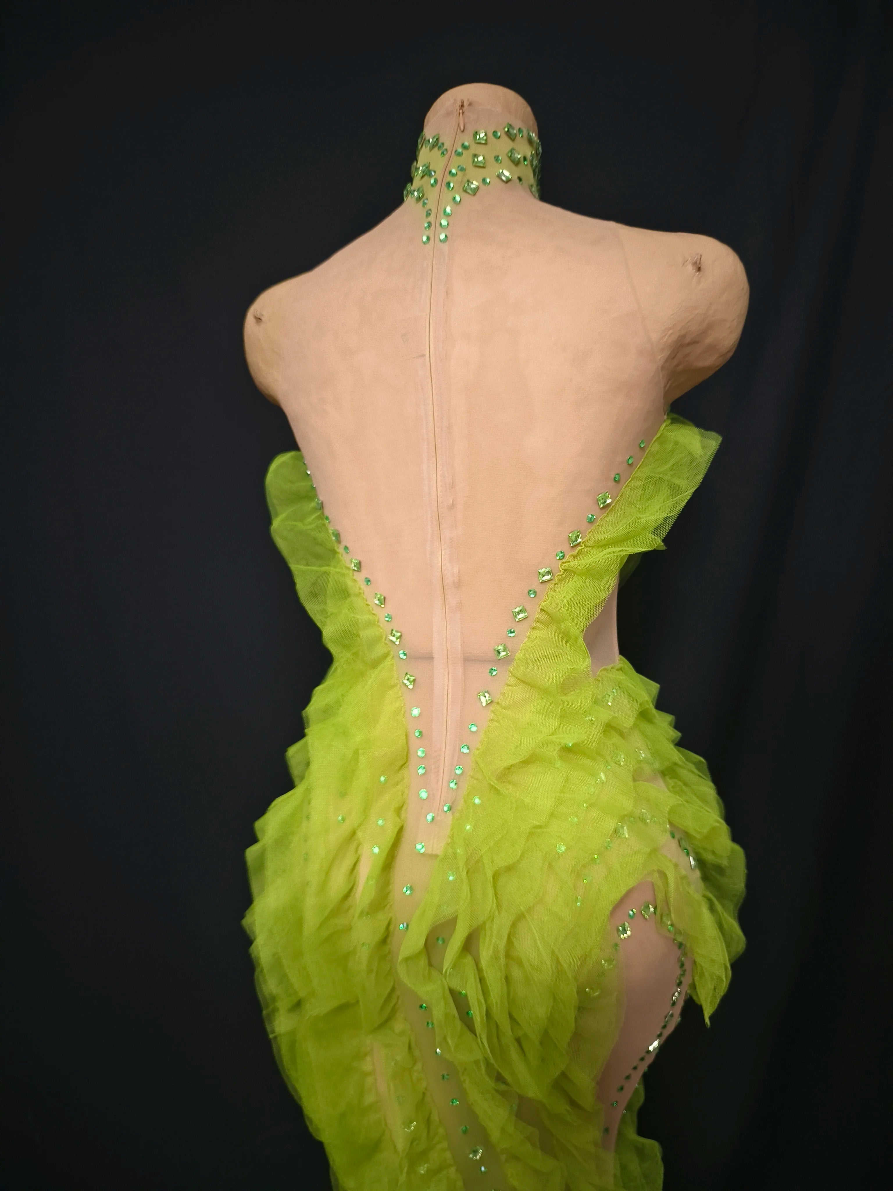 Elegant Sparkly Green Rhinestones Mesh Sheer Ruffle Maxi Dress Celebrate Eveing Birthday Party Nightclub Red Carpet Stage Wear
