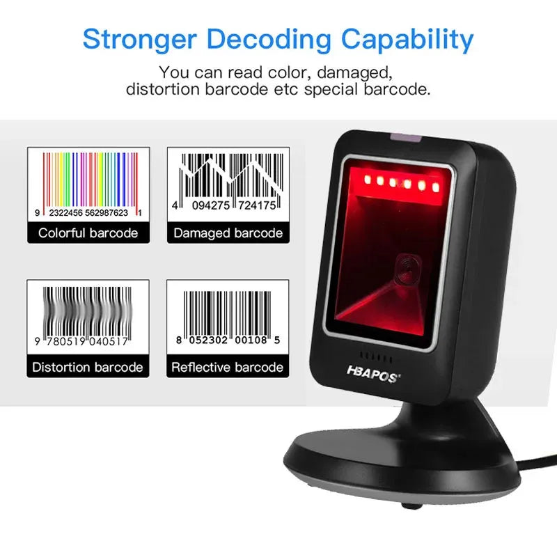Black desktop barcode scanner with red scan light and HBA POS logo on front