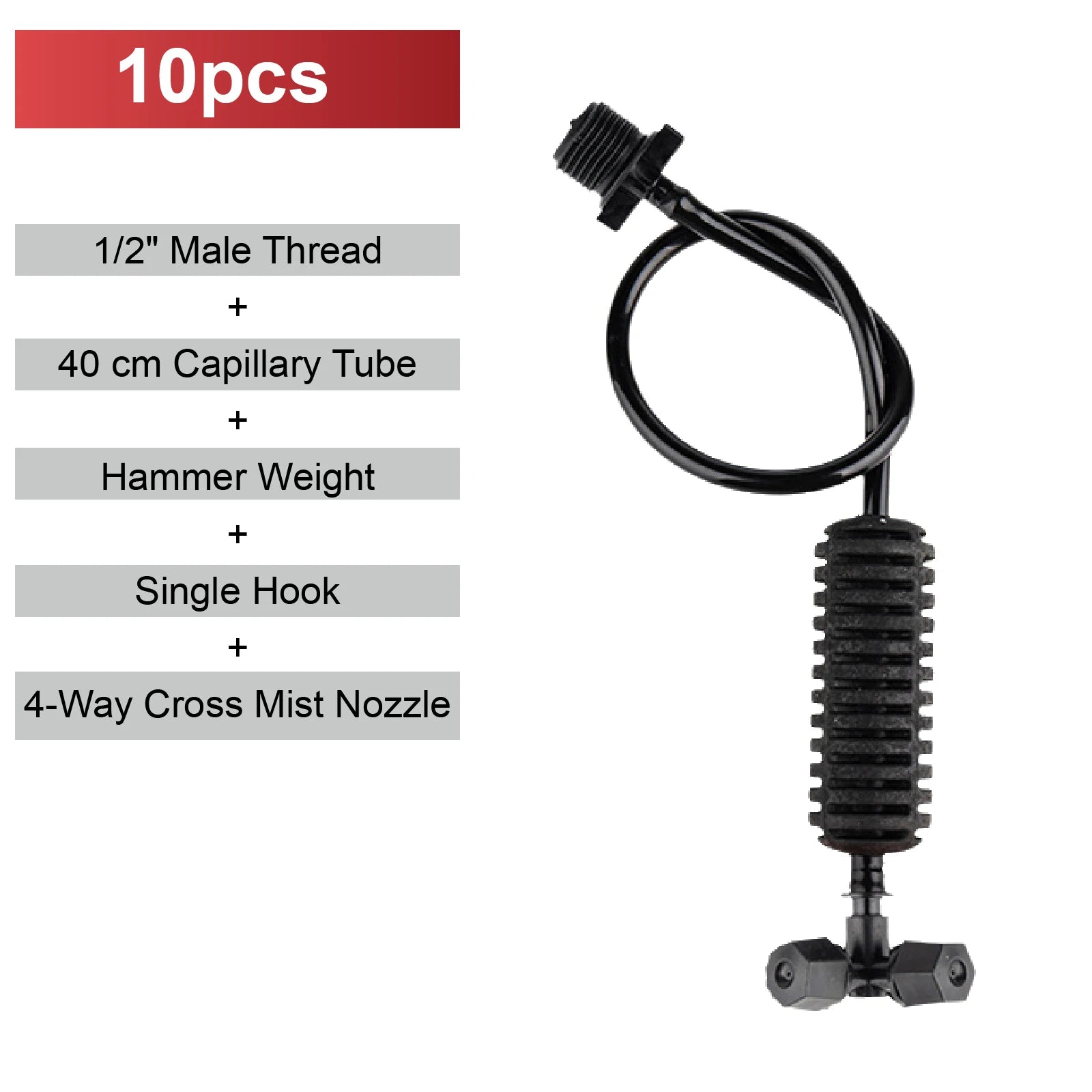 Misting nozzle kit with single hook, capillary tube, weight, and 4-way cross mist nozzle