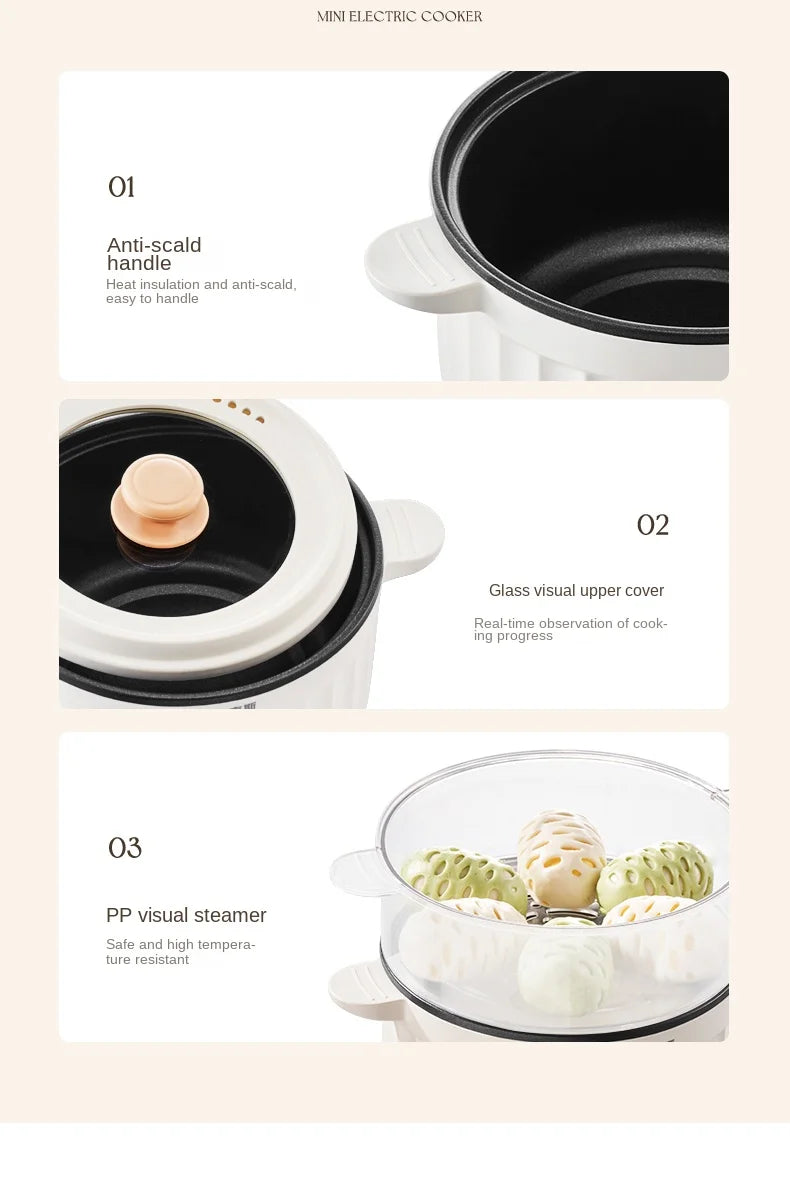 Mini electric cooker close-up: anti-scald handle, glass view window, and steamer insert.