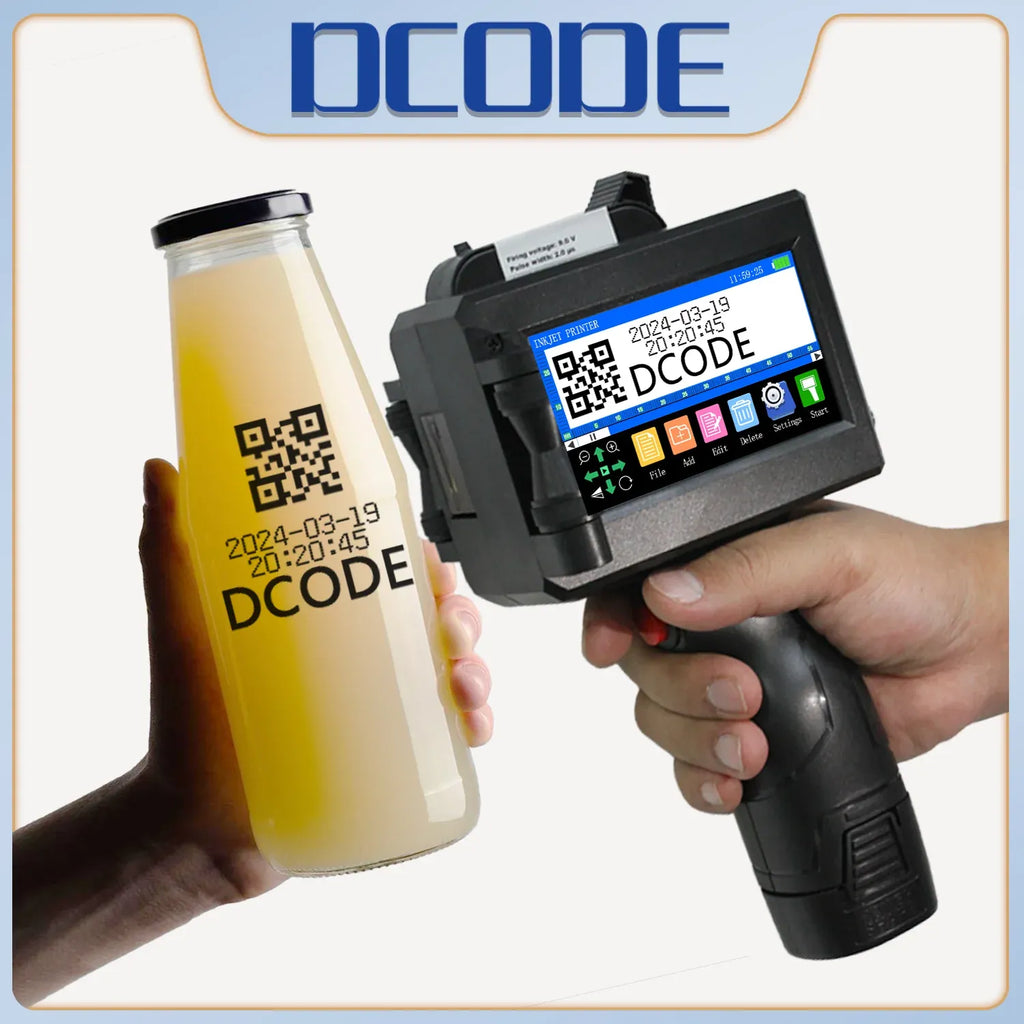 Handheld inkjet printer with touchscreen displaying QR code and batch/date coding