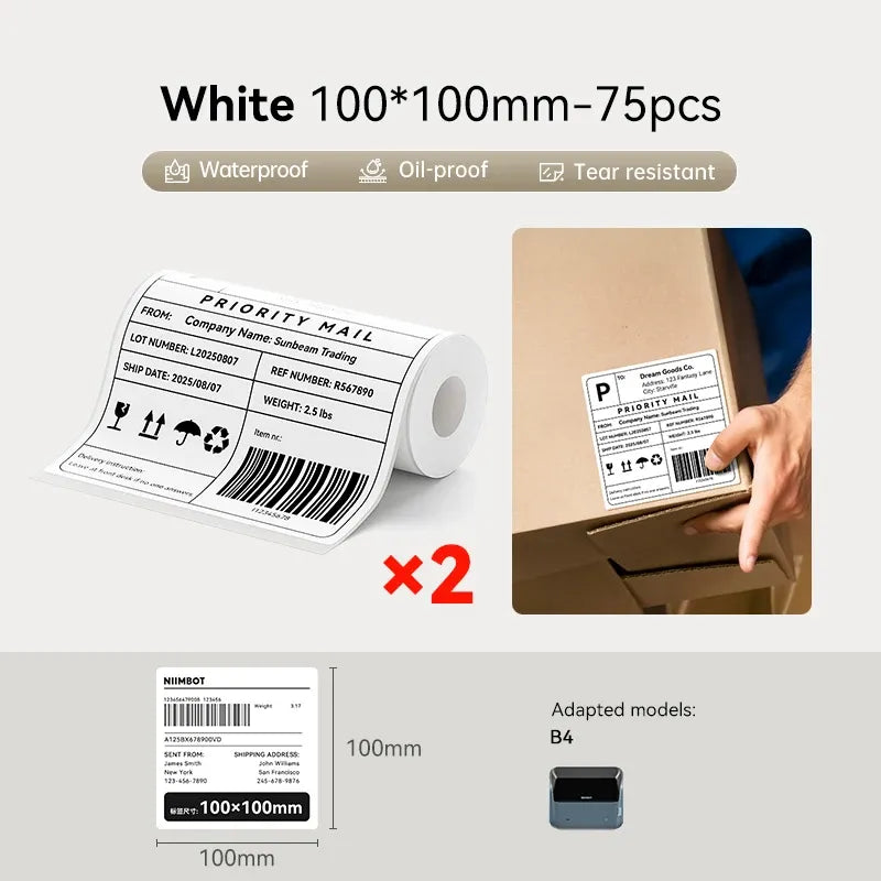 White 100x100mm label stickers roll, 75 pcs, waterproof oil-proof tear-resistant