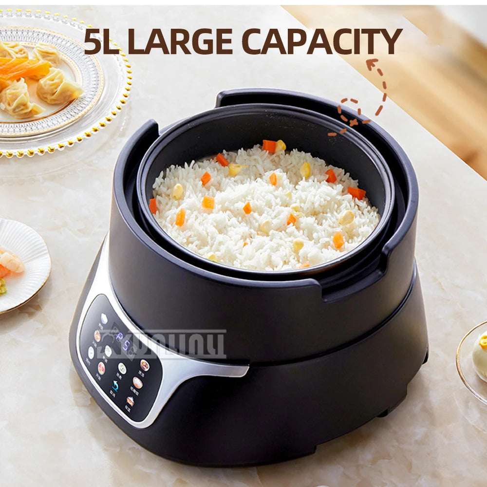 5L black rice cooker with inner pot filled with cooked rice and front control panel