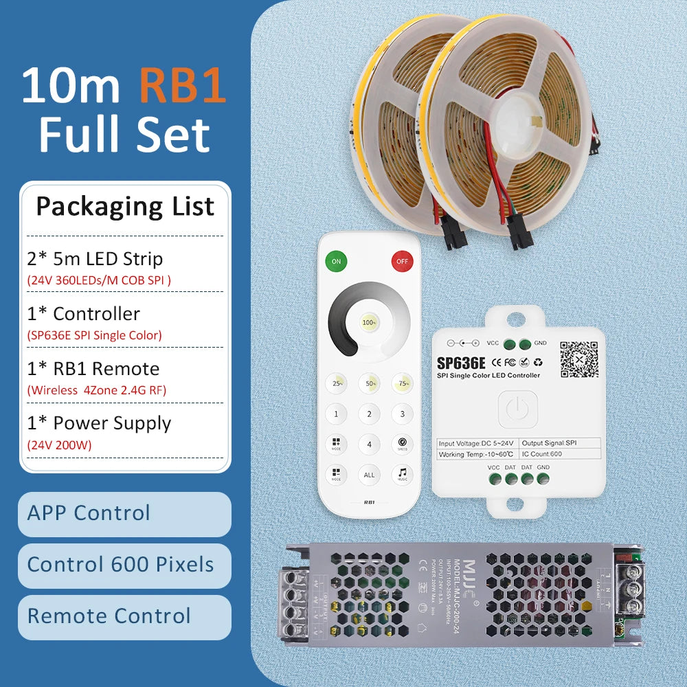 10m COB LED strip kit with controller, remote, and power supply