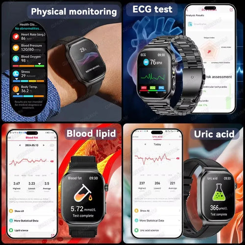 Black smartwatch with color touchscreen on wrist showing ECG and vital health icons.
