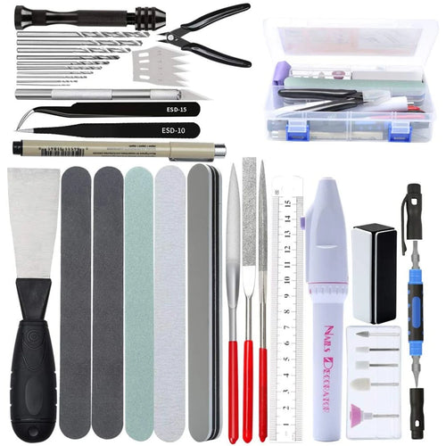 Model tool set with tweezers, drill bits, sanding pads, and files in storage box