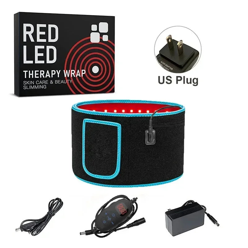 Red and infrared LED therapy belt for pain relief, slimming, and waist heat therapy with US plug and controller.