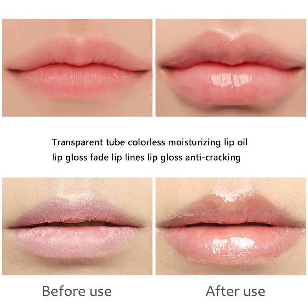 Transparent hydrating lip gloss, plumping oil for smoothing lip lines and moisturizing dry, cracked lips. Before/after.