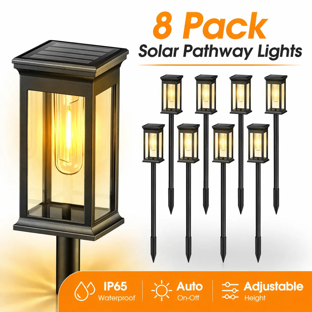 21 Inch 8 Pack Black IP65 Waterproof Solar Pathway Lights Adjustable Height Filament LED Outdoor Garden Landscape Lighting For Yard Patio Walkway Lawn Home Decor Gift Halloween Christmas
