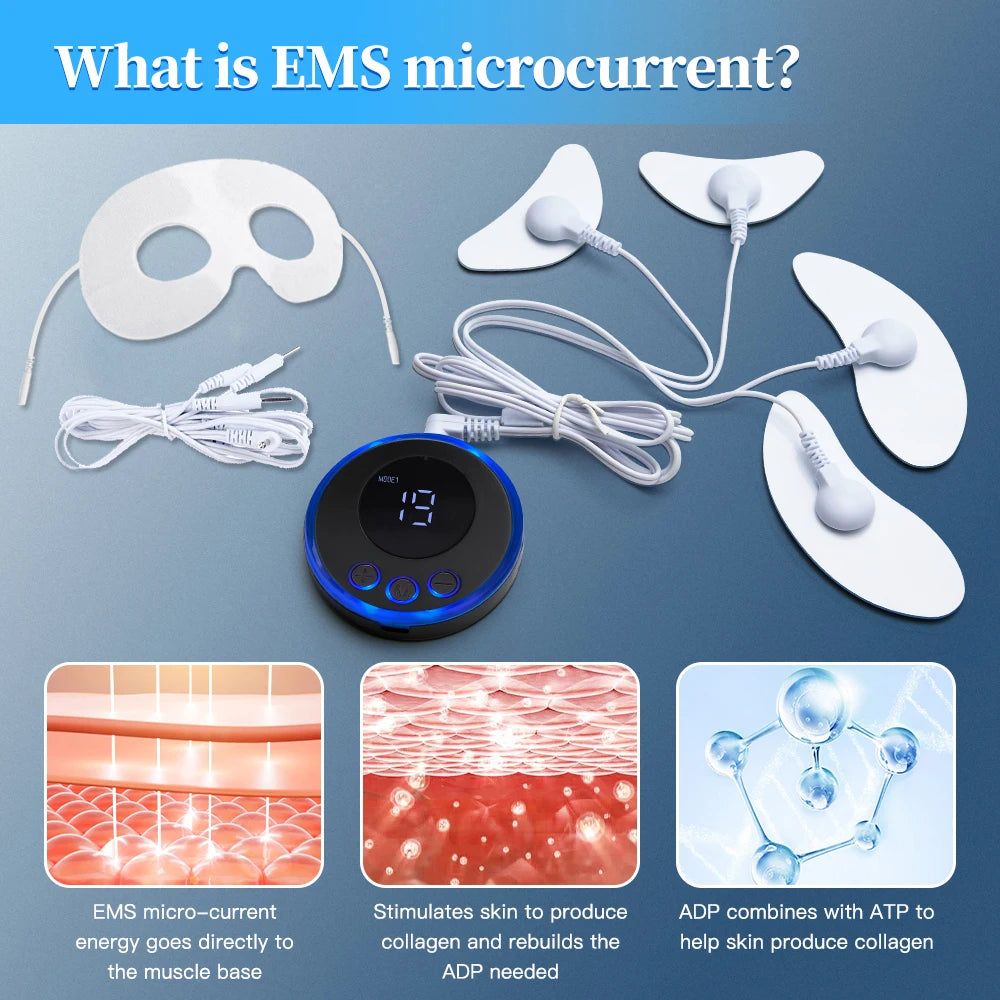 EMS microcurrent eye massager with digital controller, lifting pads, and anti-aging collagen skin care technology.