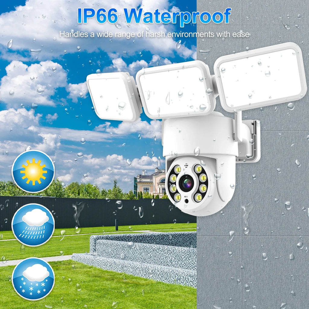 4MP Floodlight Camera Wifi PTZ Outdoor AI Humanoid Tracking Night Vision Cameras CCTV Smart Home Security Protection  Icsee App