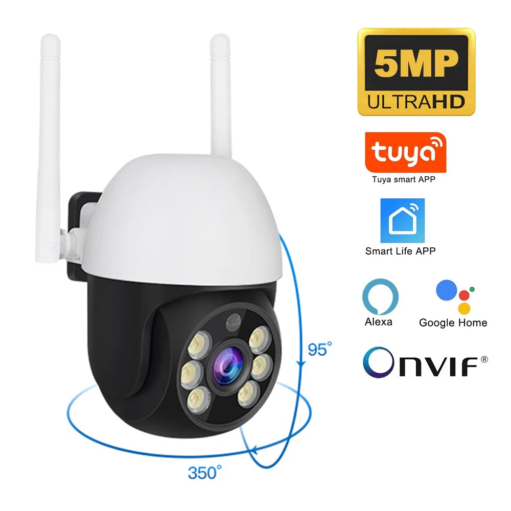 5MP outdoor PTZ WiFi security camera with dual antennas and Micro SD 32G label