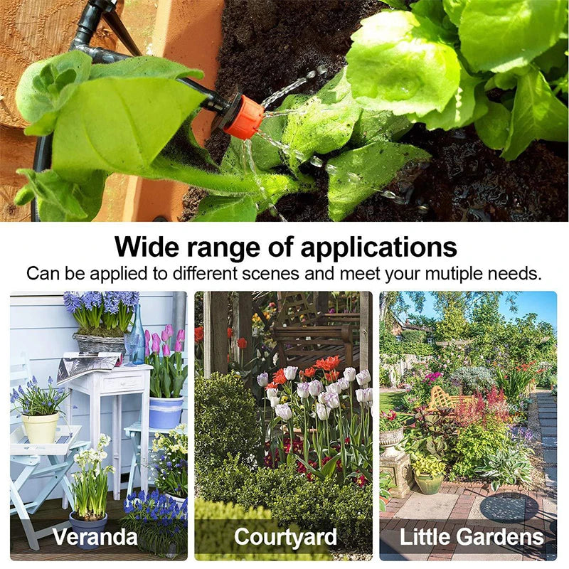 Adjustable drip irrigation nozzle spraying water onto garden soil near green leaves