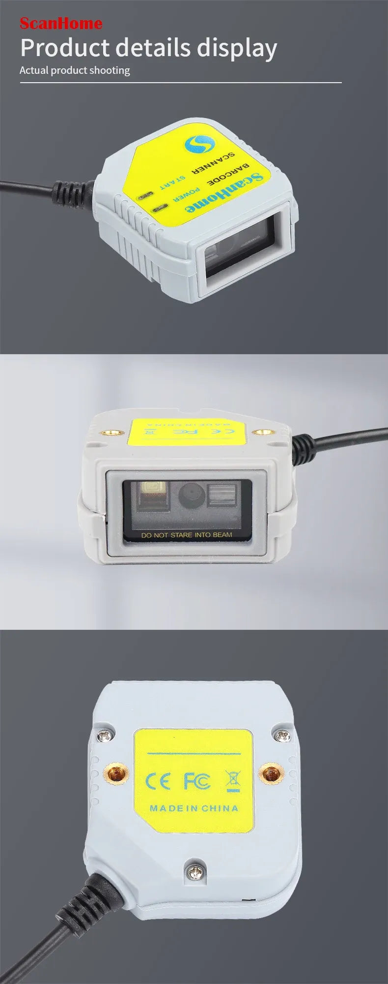 Close-up of fixed-mount barcode scanner front and back on gray housing