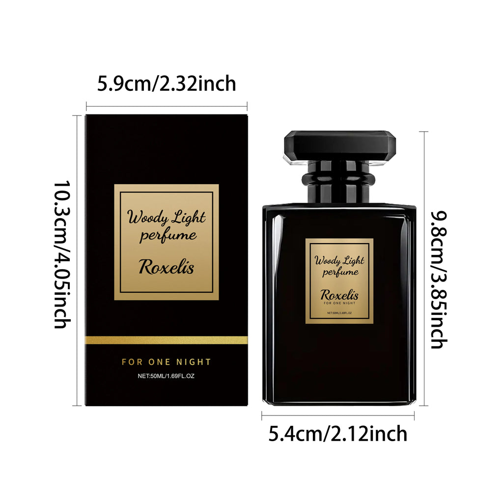 Roxelis Woody Light cologne for men: black square bottle, long-lasting woody fragrance, luxurious elegant scent, 50ml.