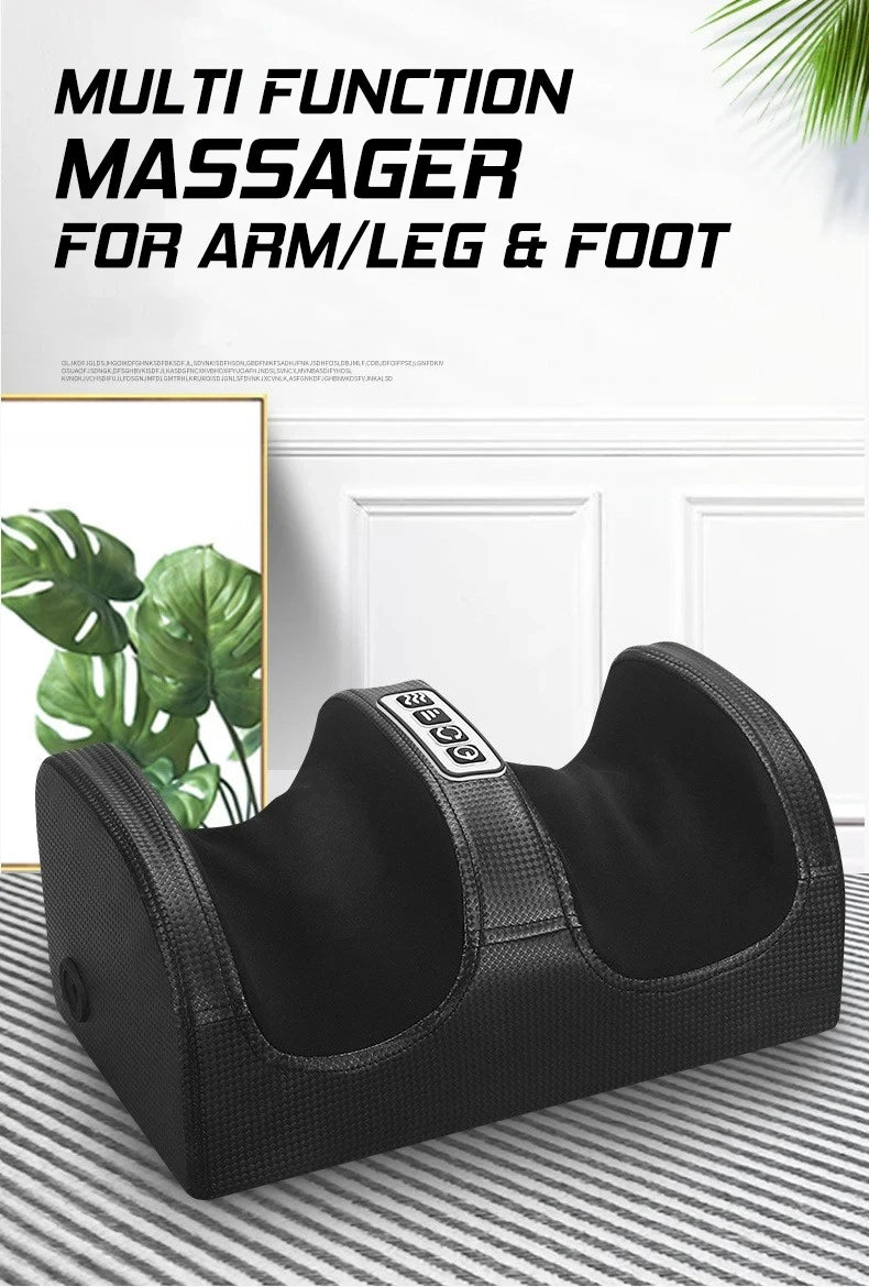 Black electric foot and calf massager with heated deep tissue kneading, control buttons, and portable home design.