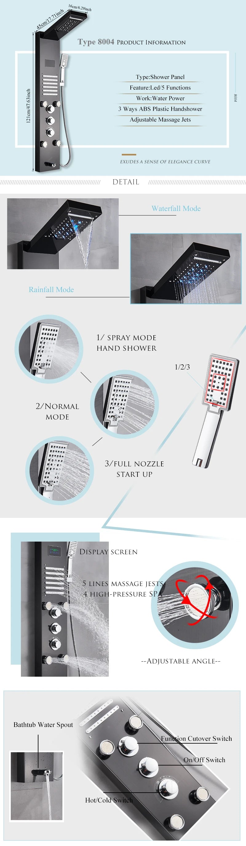 LED Shower Panel Waterfall Rain Digital Display Shower Faucet Set SPA Massage Jet Bathroom Column Mixer Tap Tower System