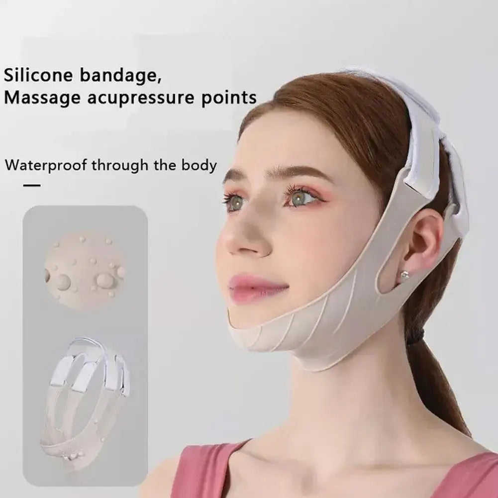 A woman wears a beige, V-line silicone face-slimming bandage with textured acupressure points and adjustable straps.