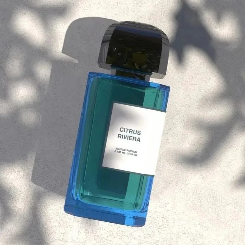 Citrus Riviera 100ml Eau de Parfum: Luxurious blue rectangular bottle, intense, long-lasting unisex citrus fragrance.