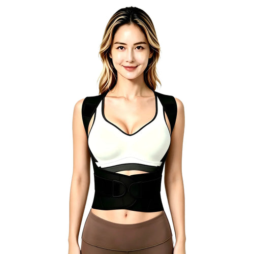 Black neoprene back posture corrector support brace for orthopedic pain relief and spinal alignment.