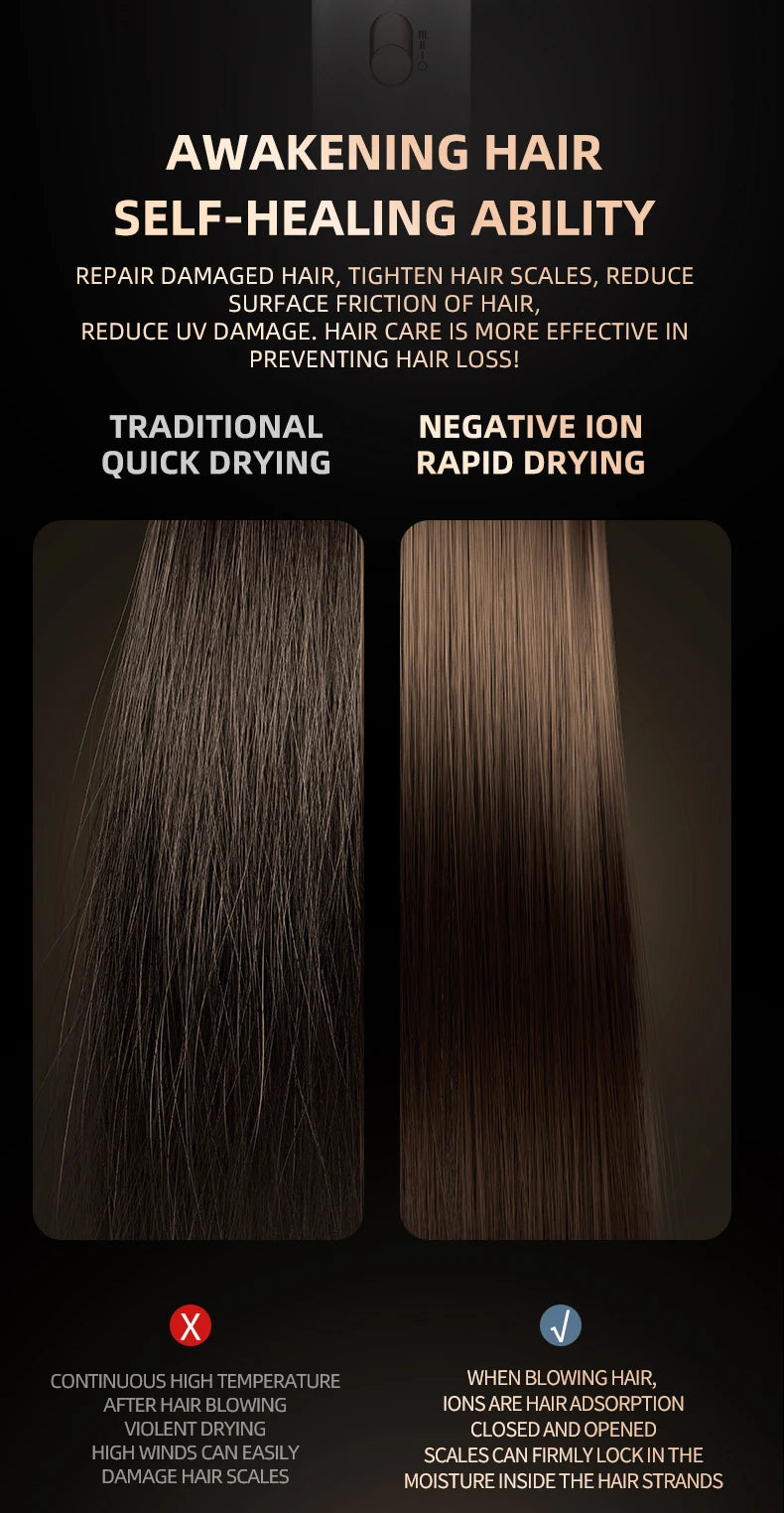 Negative ion hair dryer comparison: traditional vs. rapid ionic drying for smooth, healthy, frizz-free hair results.
