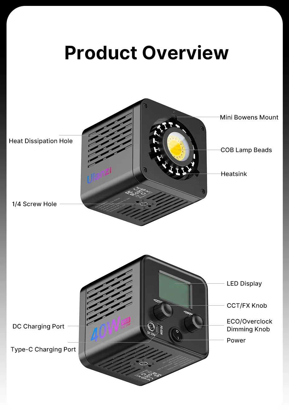 Black portable COB LED video light with Bowens mount, rear display, control knobs, and cooling vents.