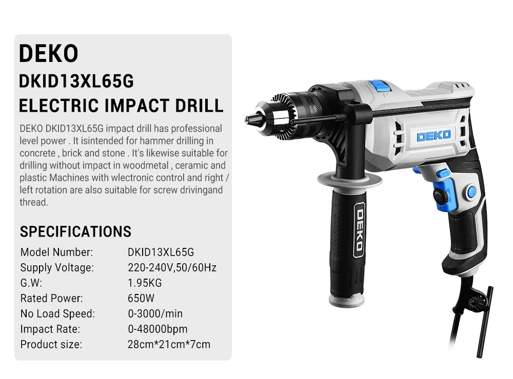 DEKO DKID13XL65G  professional grade impact drilll 220V, 2 Functions Drill Screwdriver Electric Tool Power Tool (DKID Series)