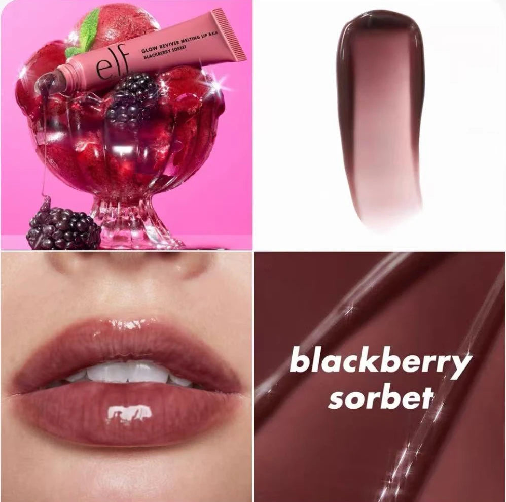 e.l.f. Glow Reviver Melting Lip Balm in Blackberry Sorbet: glossy, moisturizing dark berry tinted lip treatment.