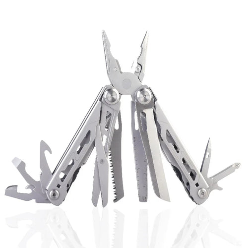 Folded stainless steel multitool with open spring scissors, saw, and pliers jaws